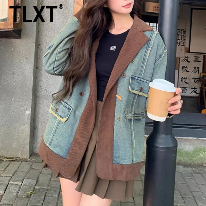 

TLXT Fashion Women's Stylish Denim Blazer Brown Corduroy Lapel Frayed Details Unique Casual Jacket 2025 Autumn New XK1631