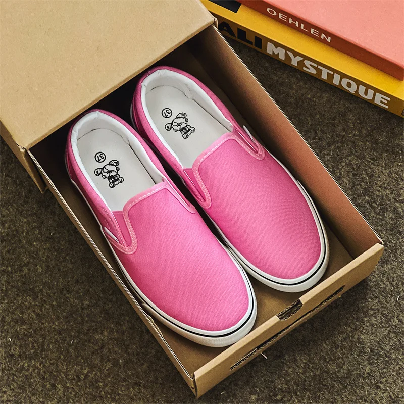 New Women Fresh Color Canvas Shoes Unisex Flat Sneakers School Students Black Shoe Loafers Summer Casual Footwear Pink Slip On