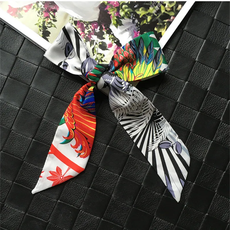 MENGLINXI Bag Ribbon Sacrf 2024 New Brand Women Small Silk Scarf Feather Print Headband Handle Bag Ribbon Fashion Long Scarves