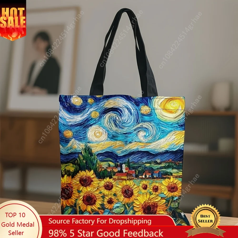 

1pc Van Gogh Sunflowers & Starry Night Art Print Tote Bag Large Capacity Durable Polyester Reusable Grocery Shopping Bag