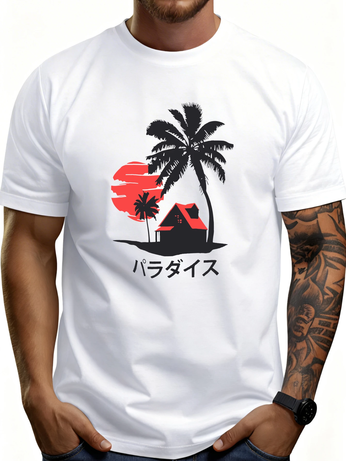 Men's Plain Graphic T-Shirt - Breathable, Soft, Lightweight - Palm Tree House Sunset Paradise - Vintage Fun Graphic Casual Short Sleeve Summer Top, Gift for Him