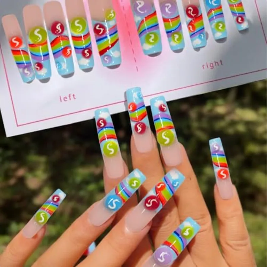 

GREENTEA Handmade Nail Summer Rainbow Skittles Design PrOn Nails Long Coffin Style with Clou d Custom Nail Art Set 10 Pieces Si