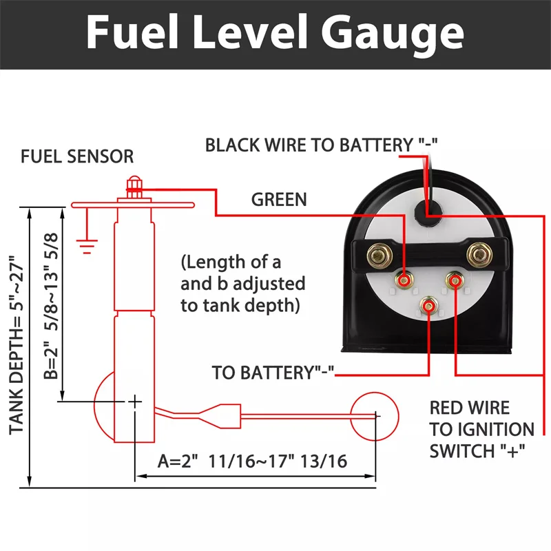 

2-Inch 52mm Car Fuel Level Gauge - 12V with White LED Light & Black Rim