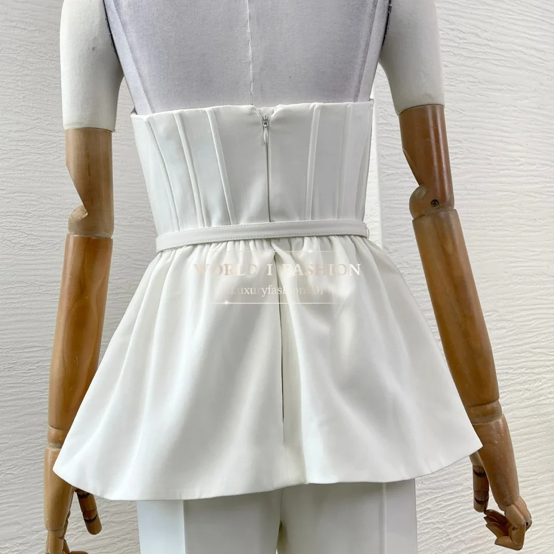 ホワイト ノースリーブ ダイヤモンド ラペル カットアウト ウエスト ミディ ドレス 2025