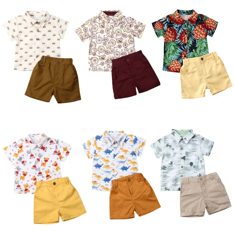 2022 New Kids Boys Summer Clothes Sets Baby Gentleman Suits Lapel T-shirt Tops + Short Pants 2Pcs Outfits Boys Clothing 0-6Y