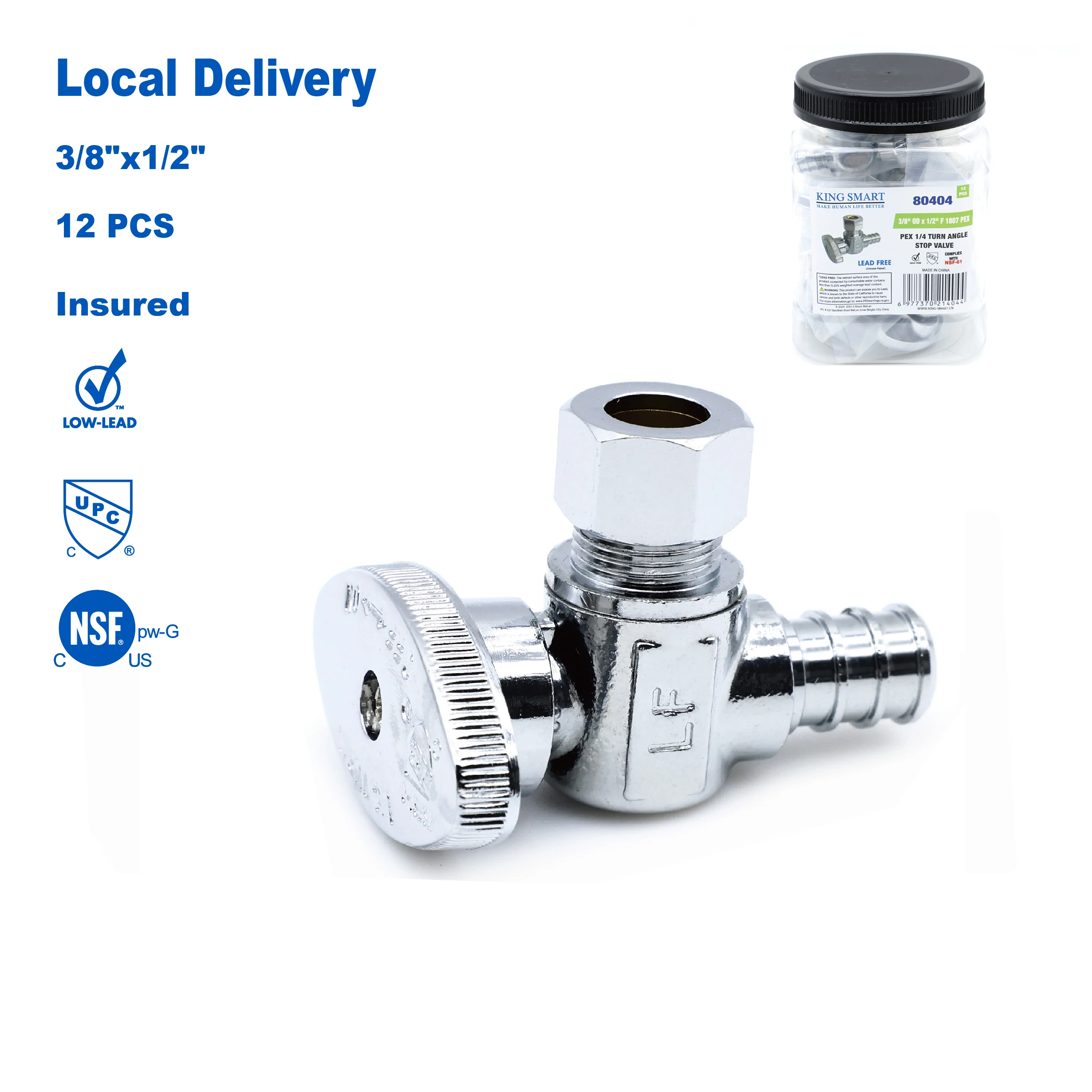 

KING SMART Crimp/F1807 PEX 1/2" * 3/8" Comp. OD 1/4 Turn Angle Stop Valve; 12Pcs/Case; 80404