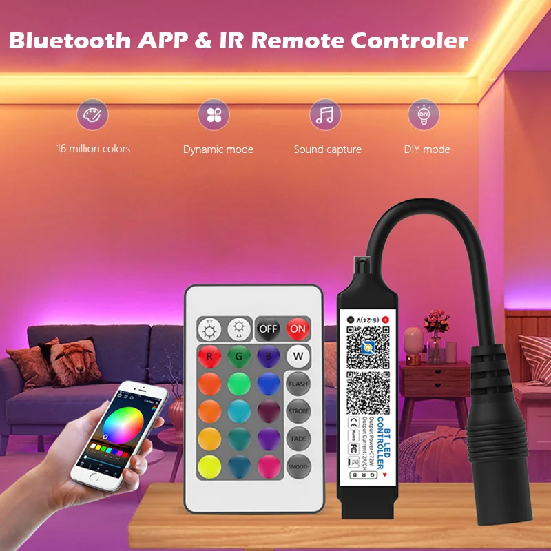 Bluetooth RGB LED Strip Controller with 24Keys IR Remote Dimmer Music Phone APP Control Brightness Adjust for 5050 Tape Light