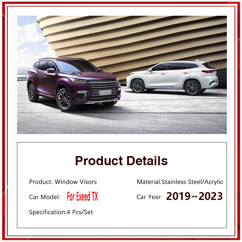 สำหรับ Chery Exeed TX M31T 2019 ~ 2023รถกันสาดหน้าต่างหมวกอาบแดด Visor Deflector กันฝน Weathershields Shelter อุปกรณ์ตกแต่งรถยนต์