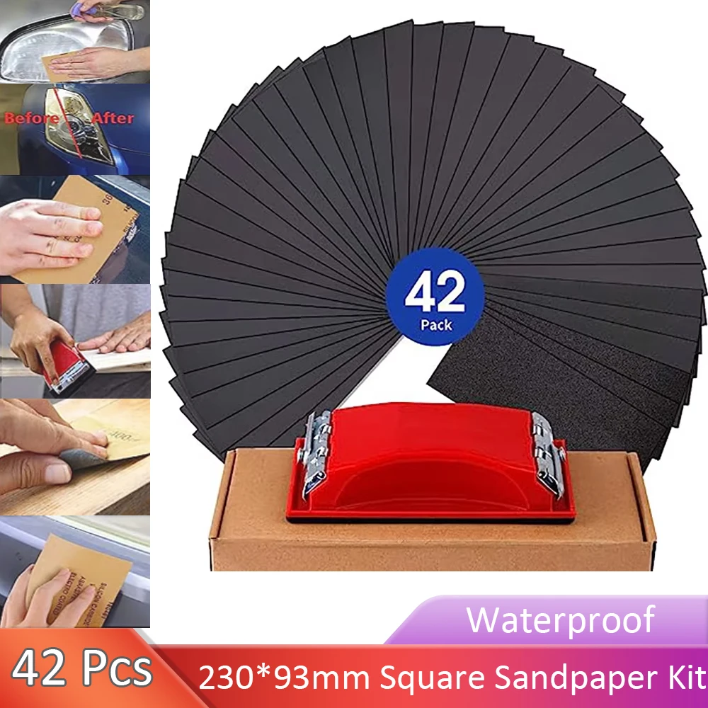42PCS 230x93mm Sandpaper with Sanding Block, 120 to 3000 Grits Assorted Sandpaper Sheets DIY Woodworking Sanding Wet/Dry Use