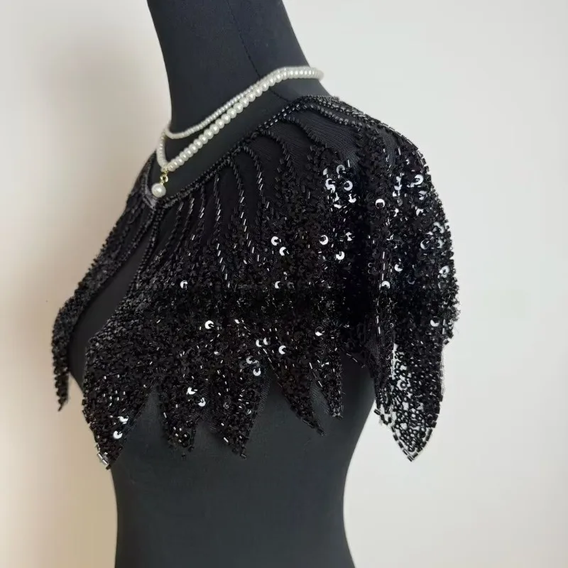 레트로 스타일 볼룸 이브닝 가운 액세서리 스팽글 숄 스팽글 비즈 자수 어깨에 걸치는 드레이프