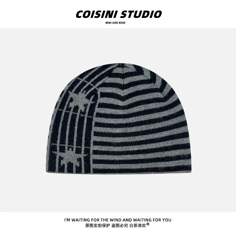 Y2K Persönlichkeits-Stern-Streifen-Strickmützen für Damen, Herbst und Winter, Street-Trend, vielseitige warme Ohrenschutz-Beanies – Detail 4