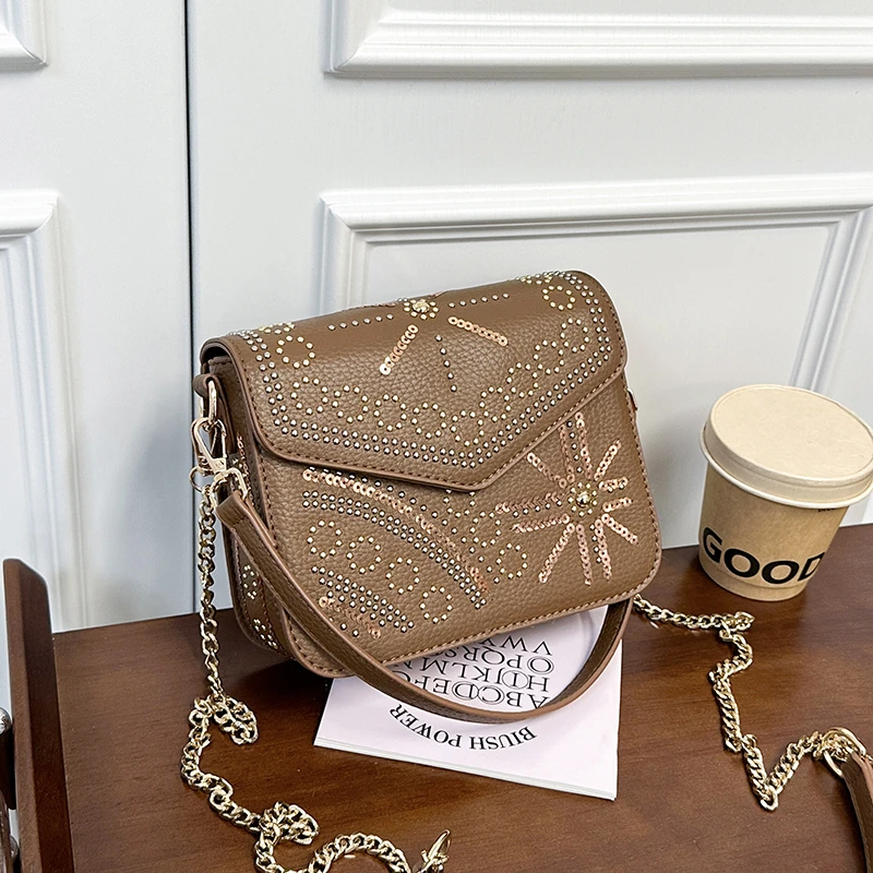 Boho Western Starburst Rhinestone Bag Retro Studded Envelope Purse Adjustable Chain Strap Brown Leather Saddle Shoulder Bag