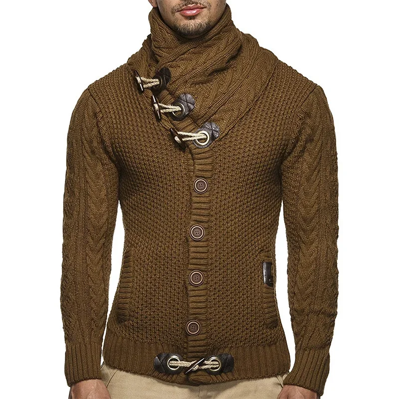 European and American Fashion Sweater for Men, Autumn and Winter Knitted High Neck Buttoned Large Size Personality Coat