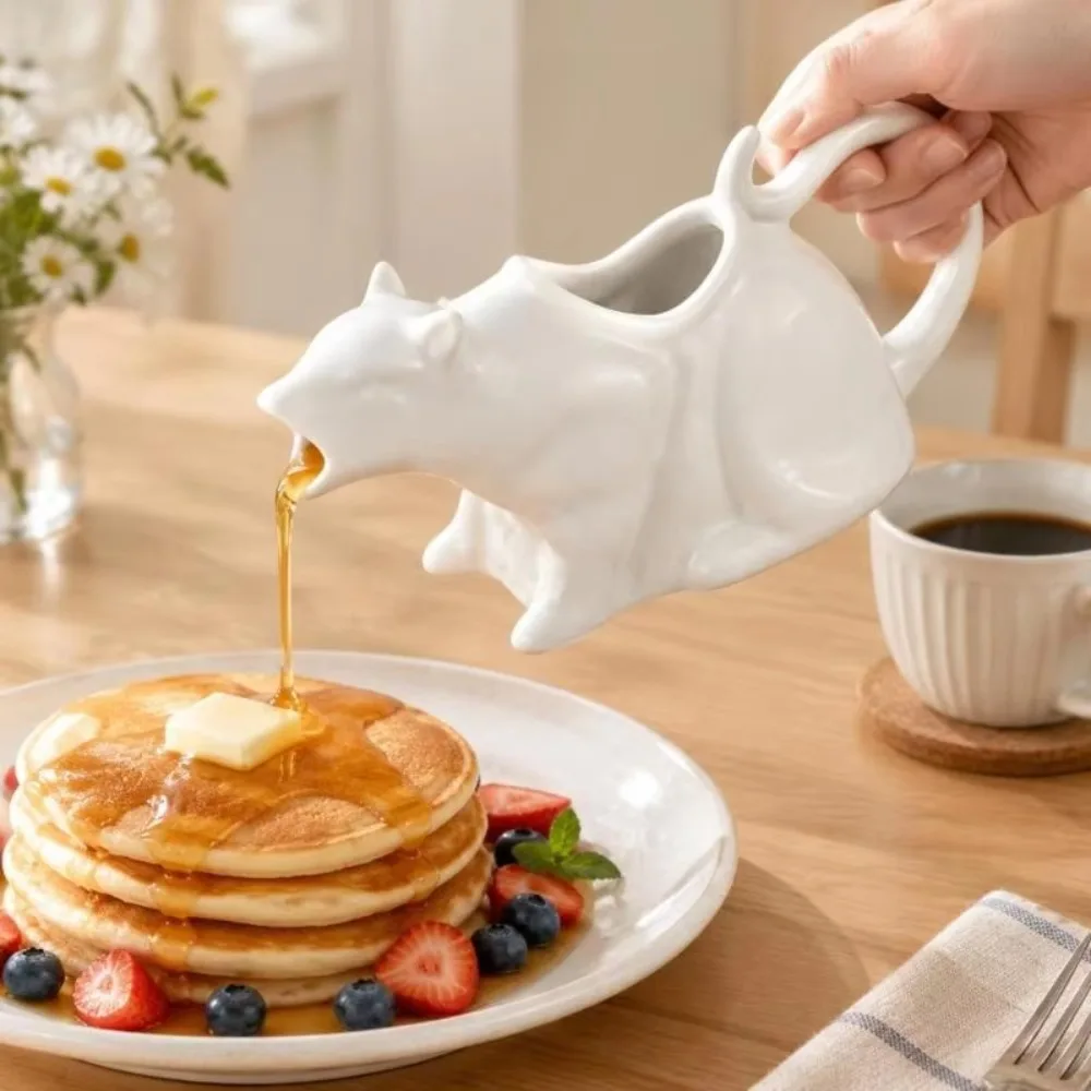 Animal Sculpture Ceramic Cat Gravy Pitcher Mouth Pouring Port Curved Tail Handle Condiment Pitcher Boat Cartoon Novelty