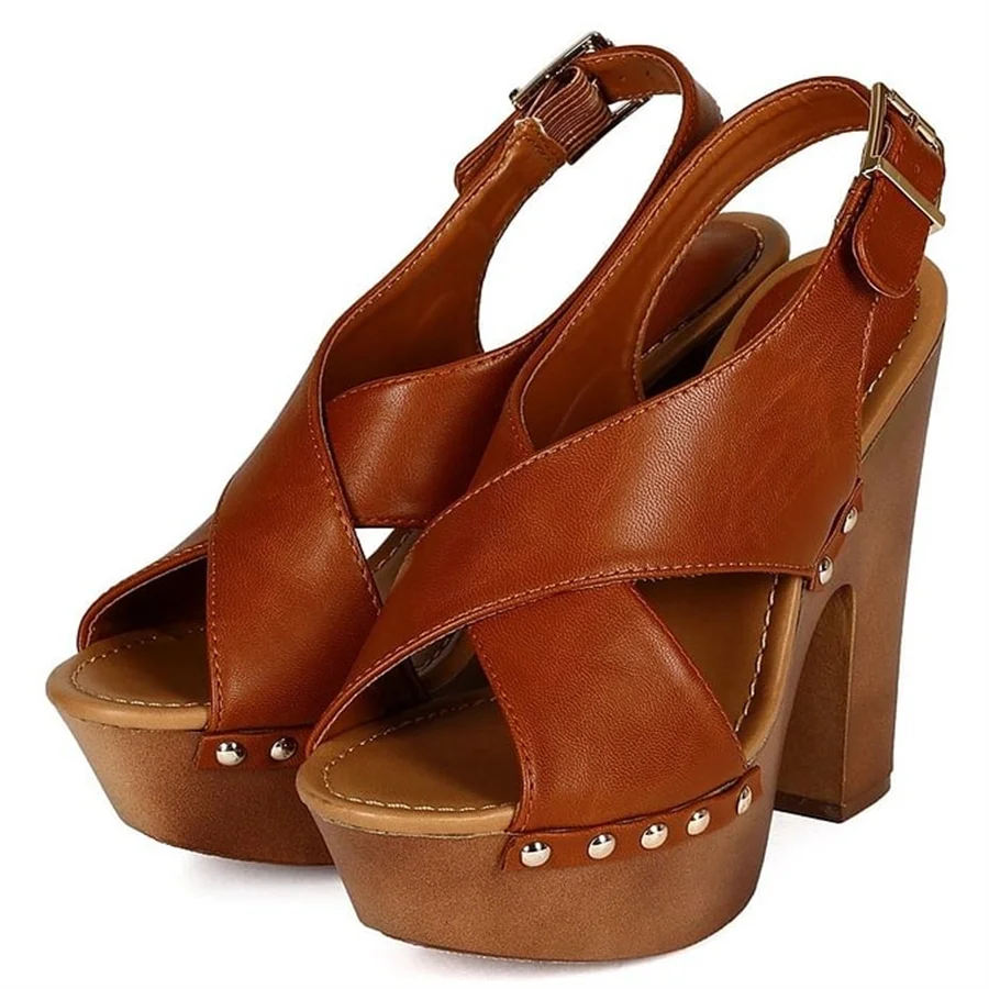 

Brown Slingback Shoes Peep Toe Chunky Heel Studded Platform Sandals