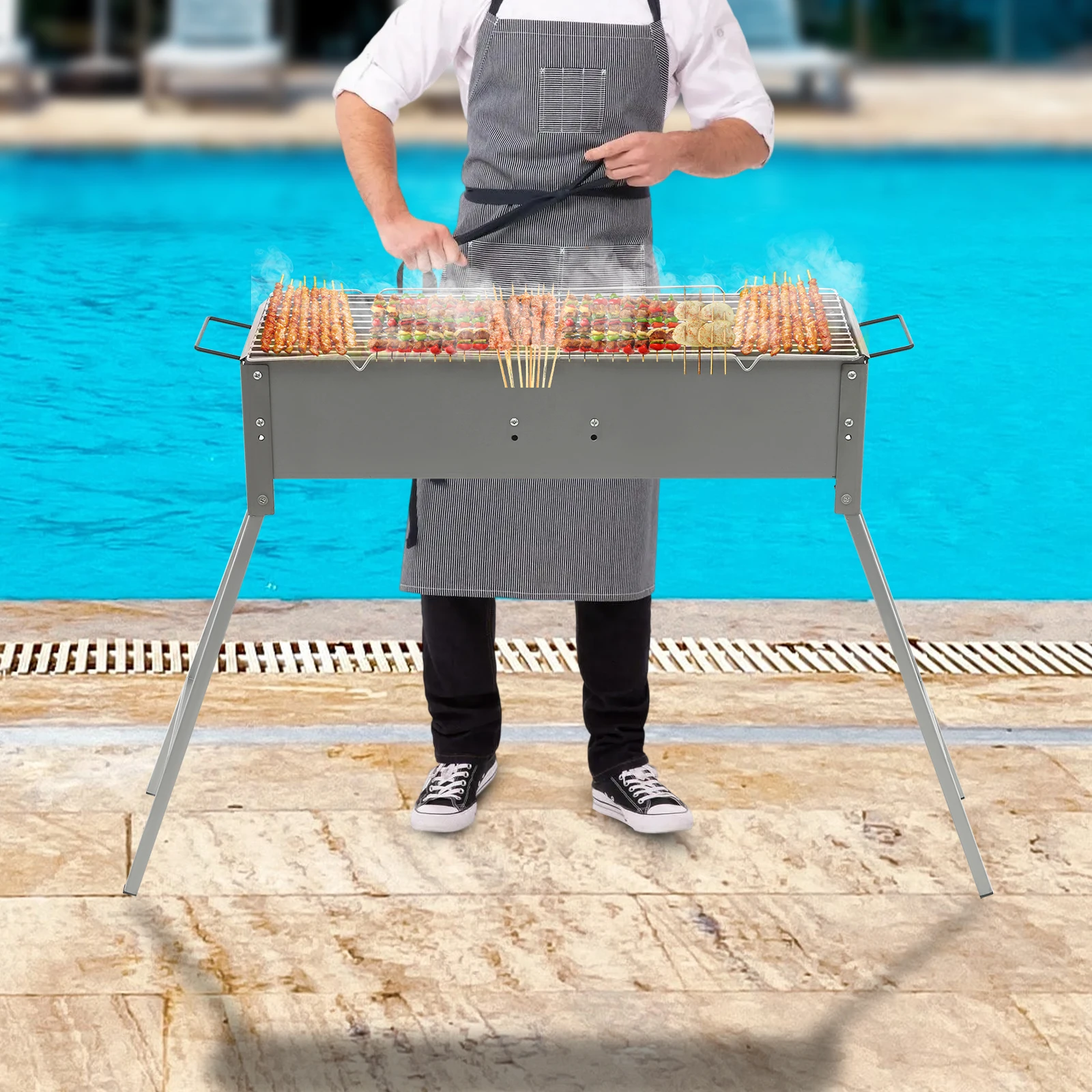 

Портативный гриль для барбекю, складной гриль для кемпинга, серый, 60 см, с решеткой для гриля