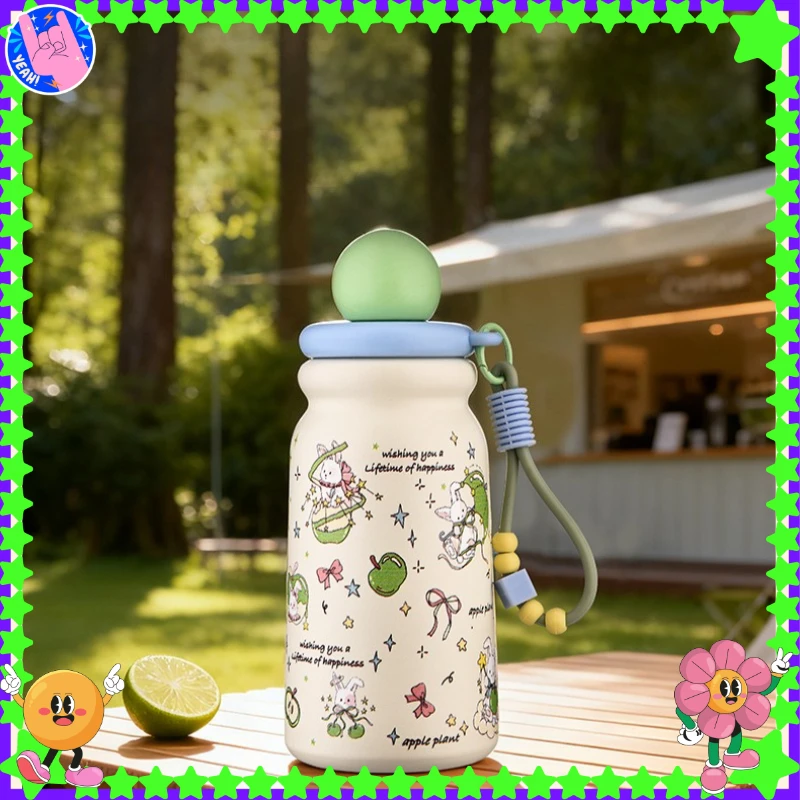 

500ML Cute Thermal Water Bottle Stainless Steel Thermos Cup with Straw and Silicone Strap Vacuum Insulated Water Bottle