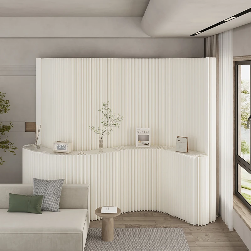 Foldable Paper Room Divider with Storage Shelf, No Drill Partition Panel, Freestanding Display Booth Wall, Entrance Porch Fence
