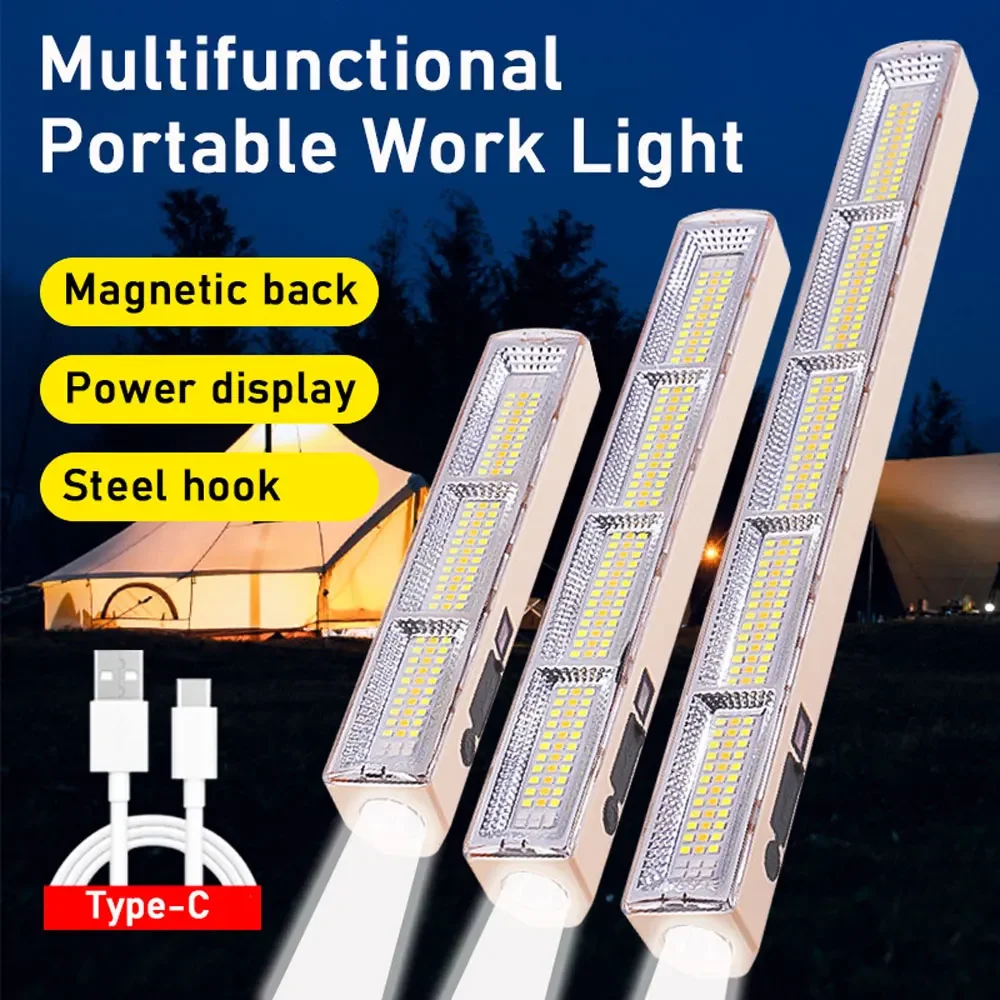 

Светодиодный магнитный рабочий фонарь с крючком, перезаряжаемый через USB, портативный рабочий фонарь высокой мощности, бар для уличного барбекю, кемпинга, аварийный фонарь