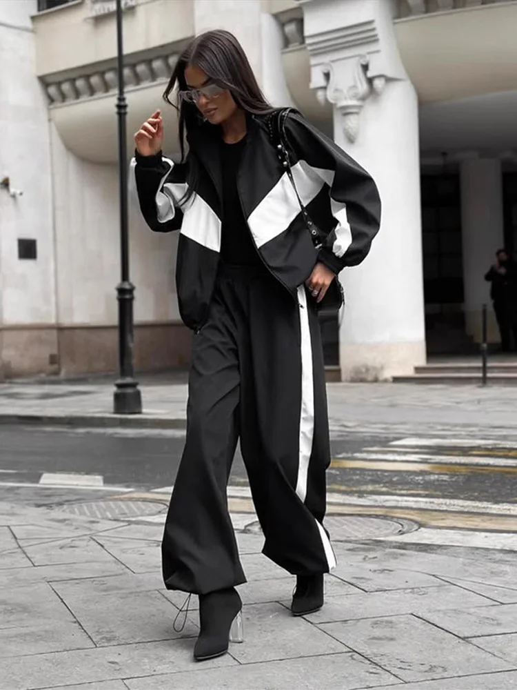 Getäfeltes, langärmliges, übergroßes Oberteil, Hosen-Sets für Damen, Streetwear, Laternenärmel, Reißverschluss, lockerer Mantel, Hose mit weitem Bein, modische Sportbekleidung – Detail 23