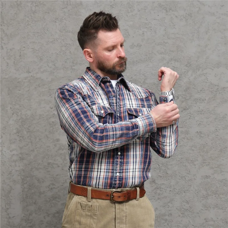 Amekaji American Style Classic Retro Washed Cotton Plaid Diagonal Cloth Western Shirt Casual Coat for Men