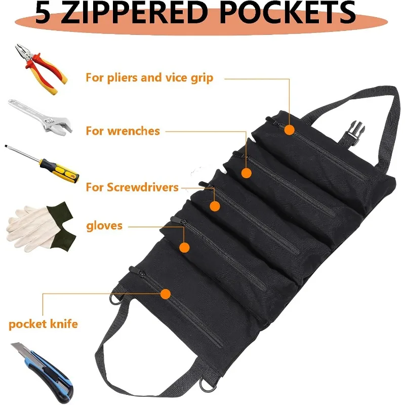 YUANJ Tool Roll Multi-Purpose Roll Up Tool Bag Wrench Roll Canvas Tool Organizer Bucket Car First Aid Kit Wrap Roll Storage Case
