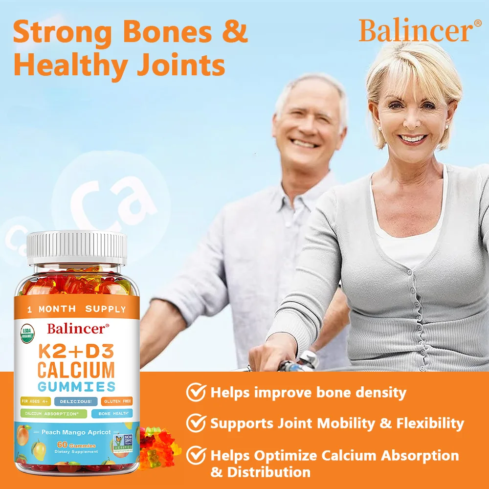 Gomas 3 em 1 com vitaminas D, K2, e suplementos de cálcio para apoiar a saúde óssea e o coração e aumentar a saúde imunológica