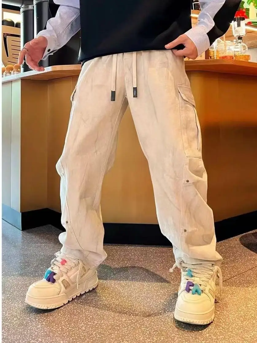 

Retro Waed American High Street Men's Loose Casual Pants Autumn Winter New Sle Big ket Knife Workwear Sle Cotto...