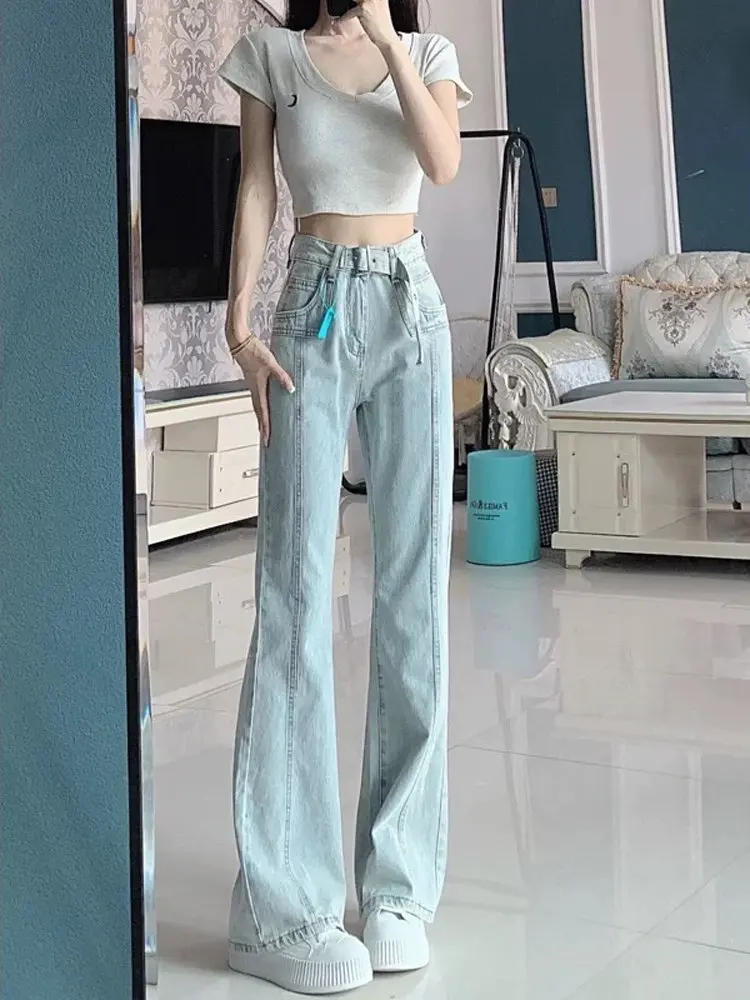 

High Waist Wide Leg Bell Bottom Jeans plus Size Women's Summer Slimming Design Loose Fit Straight Cut Denim Pants