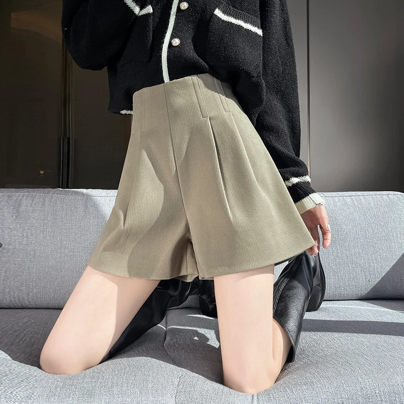 Autumn and Winter Women Shorts High Waist A-line Solid Color Thin Korean Style Office Lady Loose Casual Basics Shorts Female