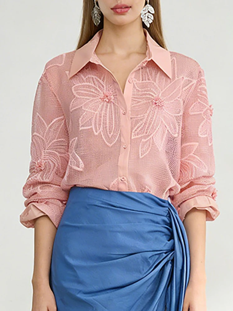 

Onecozyday Women's Solid Color Floral Lace Sheer Blouse Collared Long Sleeve Button Down See Through Shirt Casual T-shirt