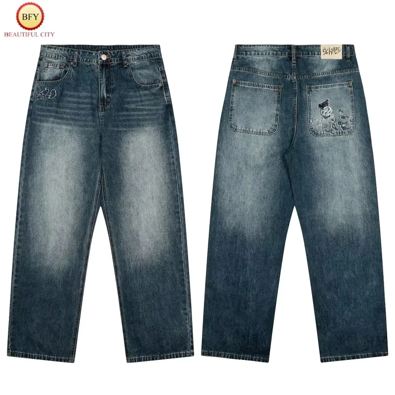 

Derschutze Fish Pond Bear Jeans Embroidery Streetwear Men's Women's Relaxed Fit Casual Straight Leg Premium Trousers