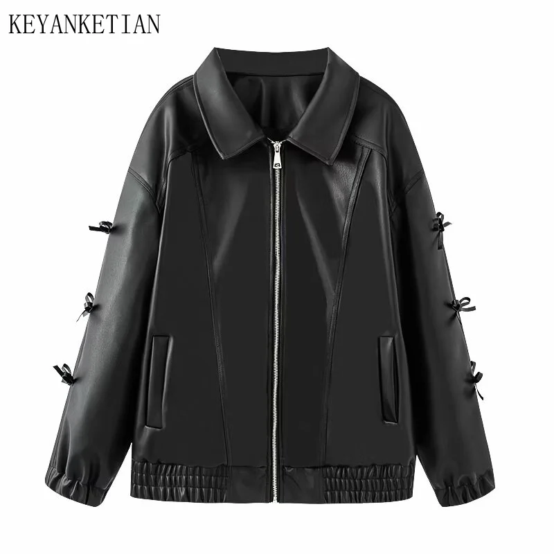

KEYANKETIAN Autumn And Winter New Women's Clothing Lapel Zipper Long Sleeved Bow Decoration Leather Jacket Women Coat