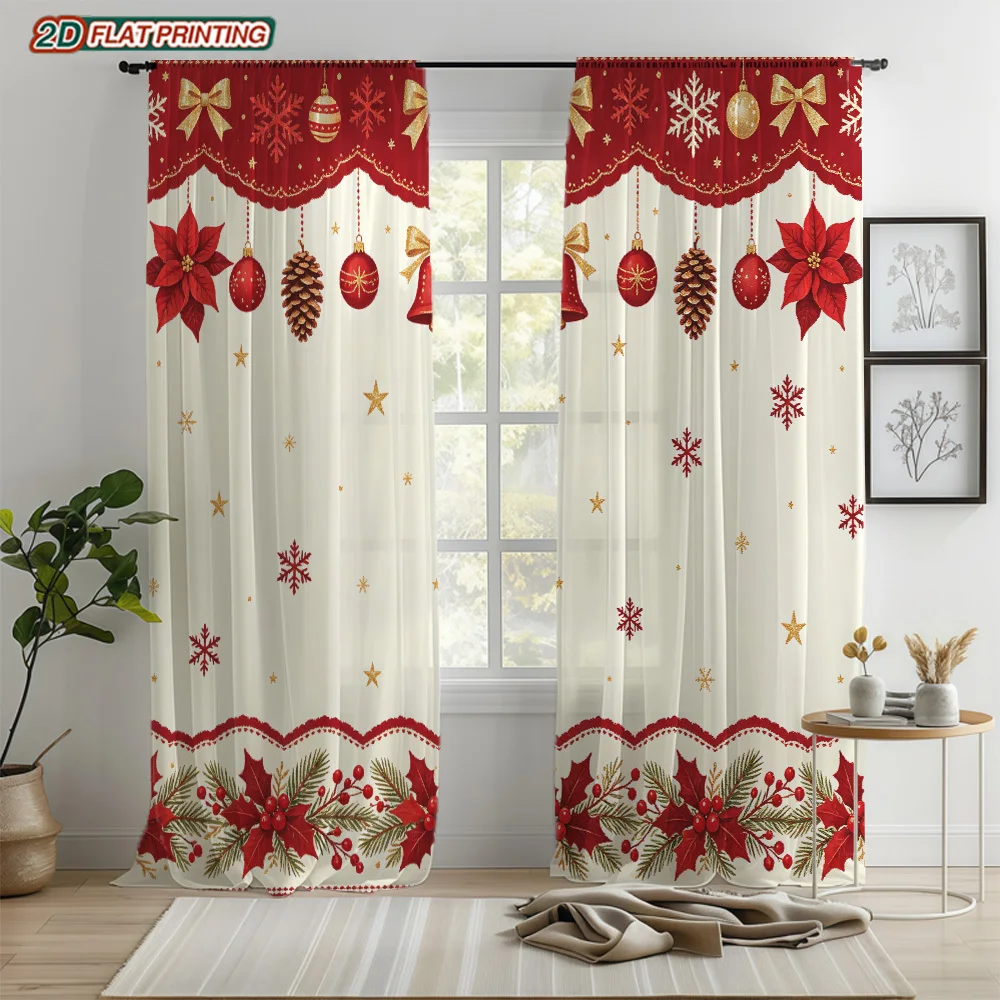 2PCS Christmas Sheer Curtains, Poinsettia Pinecone Red Berry, Digital Print, Bedroom Living Room Home Decor, Rod Pocket