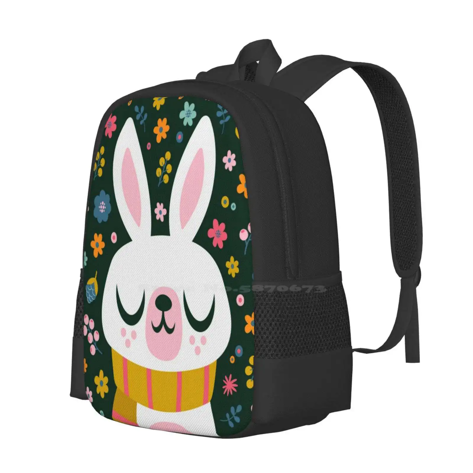 Bunny Wearing A Scarf And Flowers Backpacks For School Teenagers Girls Travel Bags Bunny Flowers Floral Smile Sweet Rabbit Cute