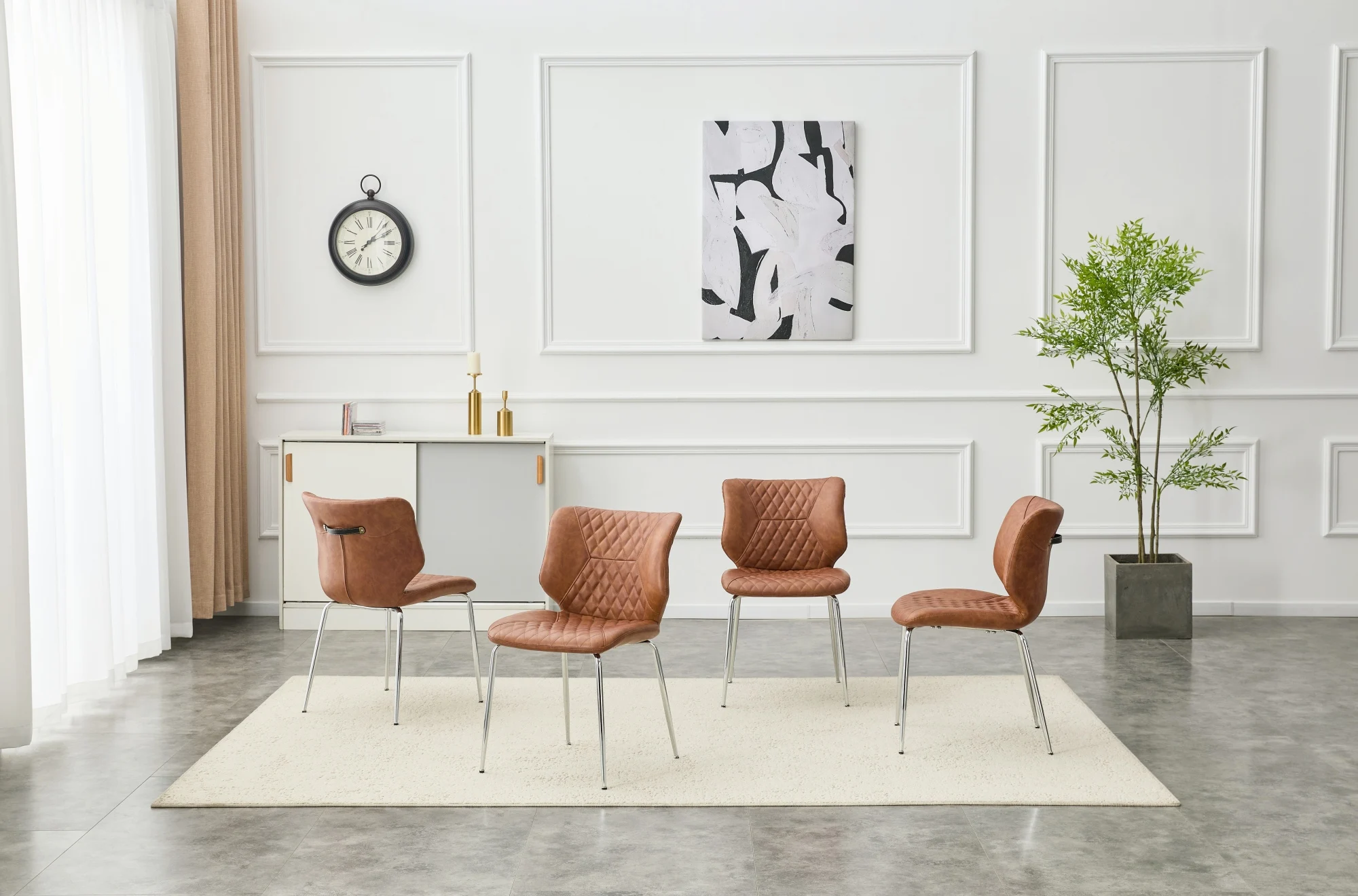 Set of 4 Brown Upholstered Dining Chairs, Diamond-Tufted High Back Side Chairs with Electroplated Metal Legs and Adjustable Foot Pads