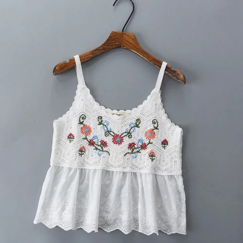 New Summer Embroidered Hollow Knit Top Bohemian Cotton Sleeveless Top Embroidered Sleeveless Knitted Tops Woman