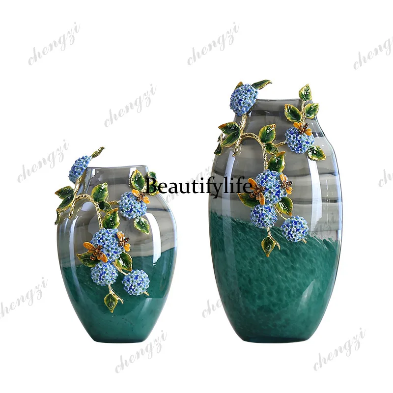 Enamel hydrangea vase ornament glass TV cabinet entrance decoration housewarming ceremony