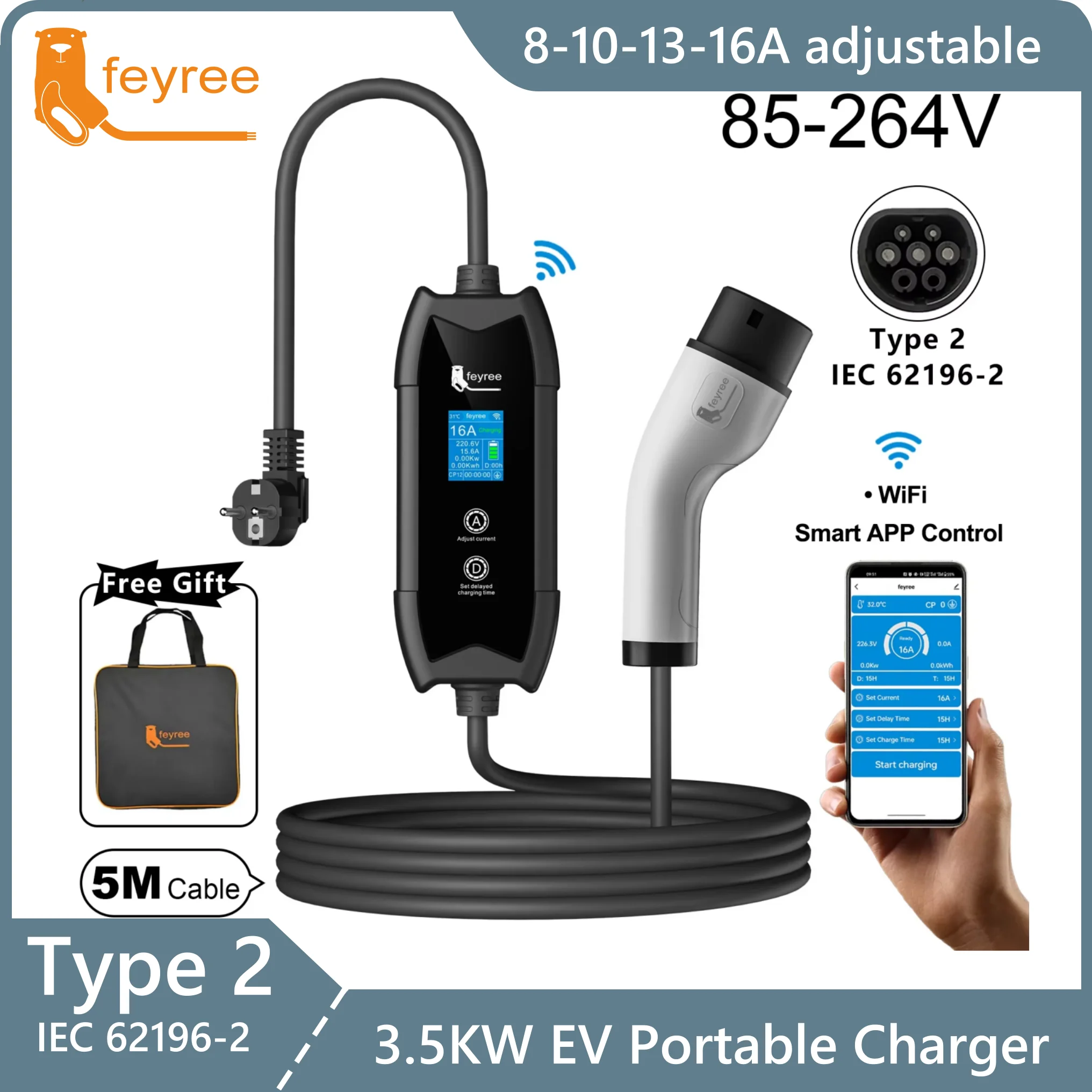 feyree Type2 Portable EV Charger 5m Cable with WIFI APP Control 16A 3.5KW Set Charging&DelayTime for EV Cars,Plug customizable