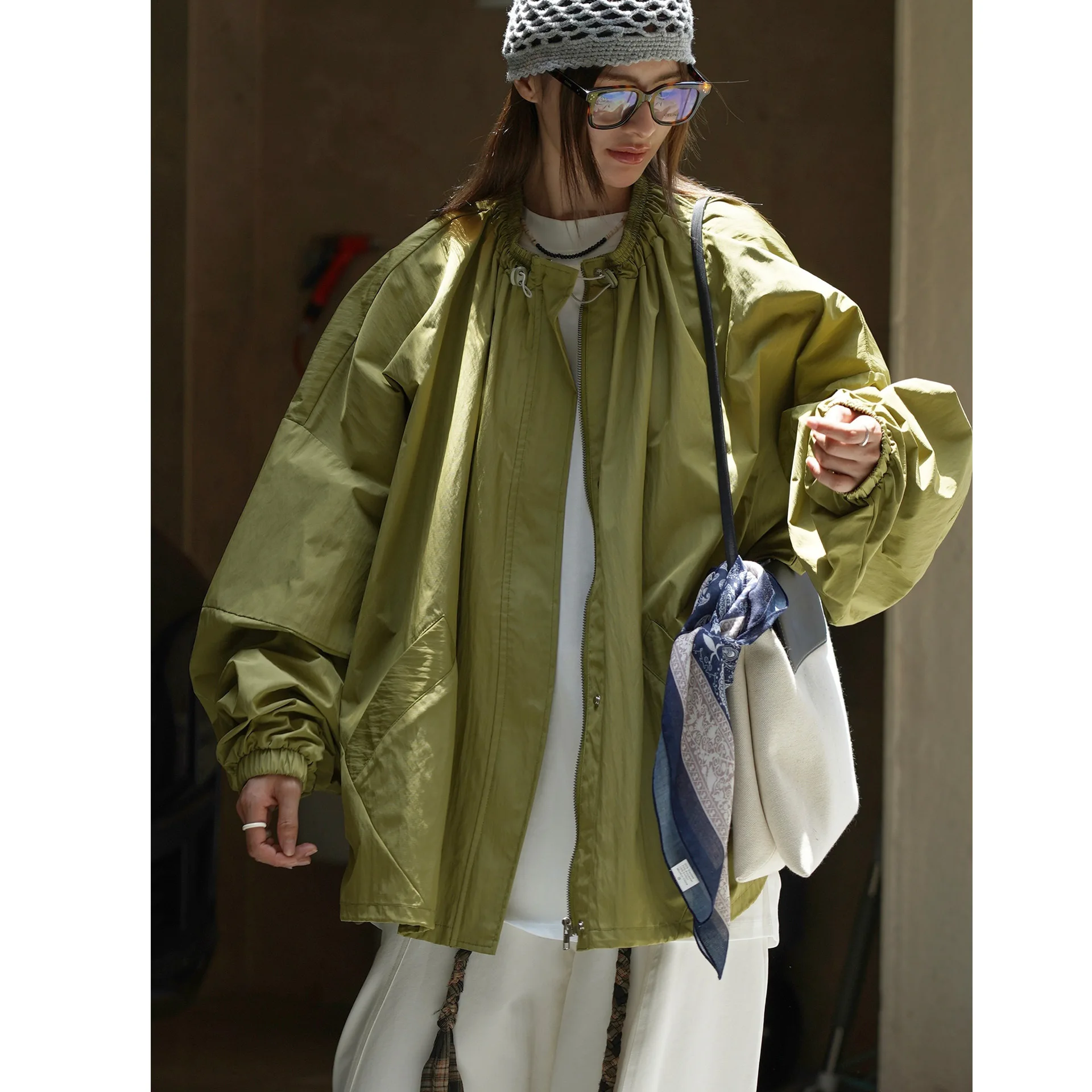 

SuperAen Autumn New Korean Style Oversize Zipper Jacket Women Lantern Sleeve Folds O-neck Loose Casual A-line Coats