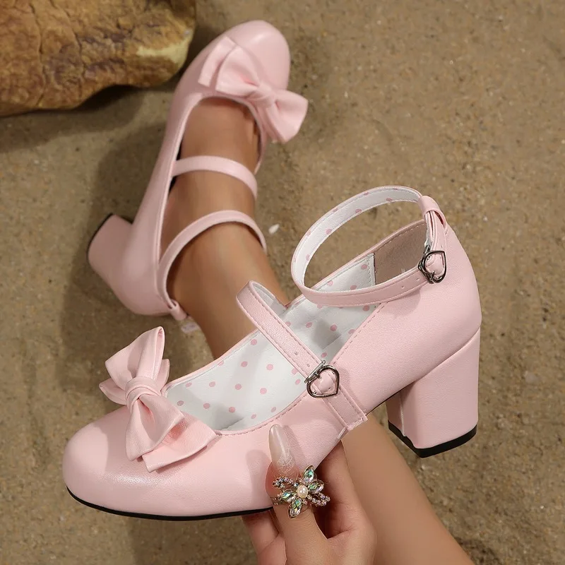 2026 New Bow Decor Buckle Strap Casual Women's High Heel Lolita Shoes Fashion Round Toe Square Heel Outdoor Women Single Shoes