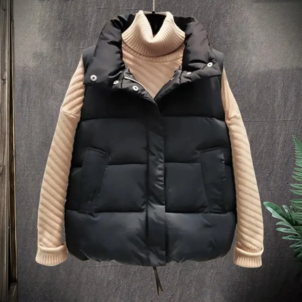 Gilet imbottito corto da donna con cerniera e colletto alla coreana, caldo cappotto imbottito senza maniche per l'autunno inverno