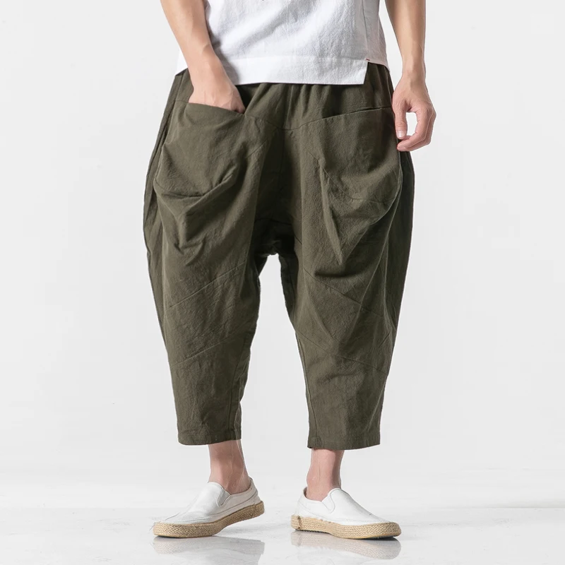 Pantalones anchos de algodón y lino para hombre, bombachos de estilo chino, longitud hasta el tobillo, 2023