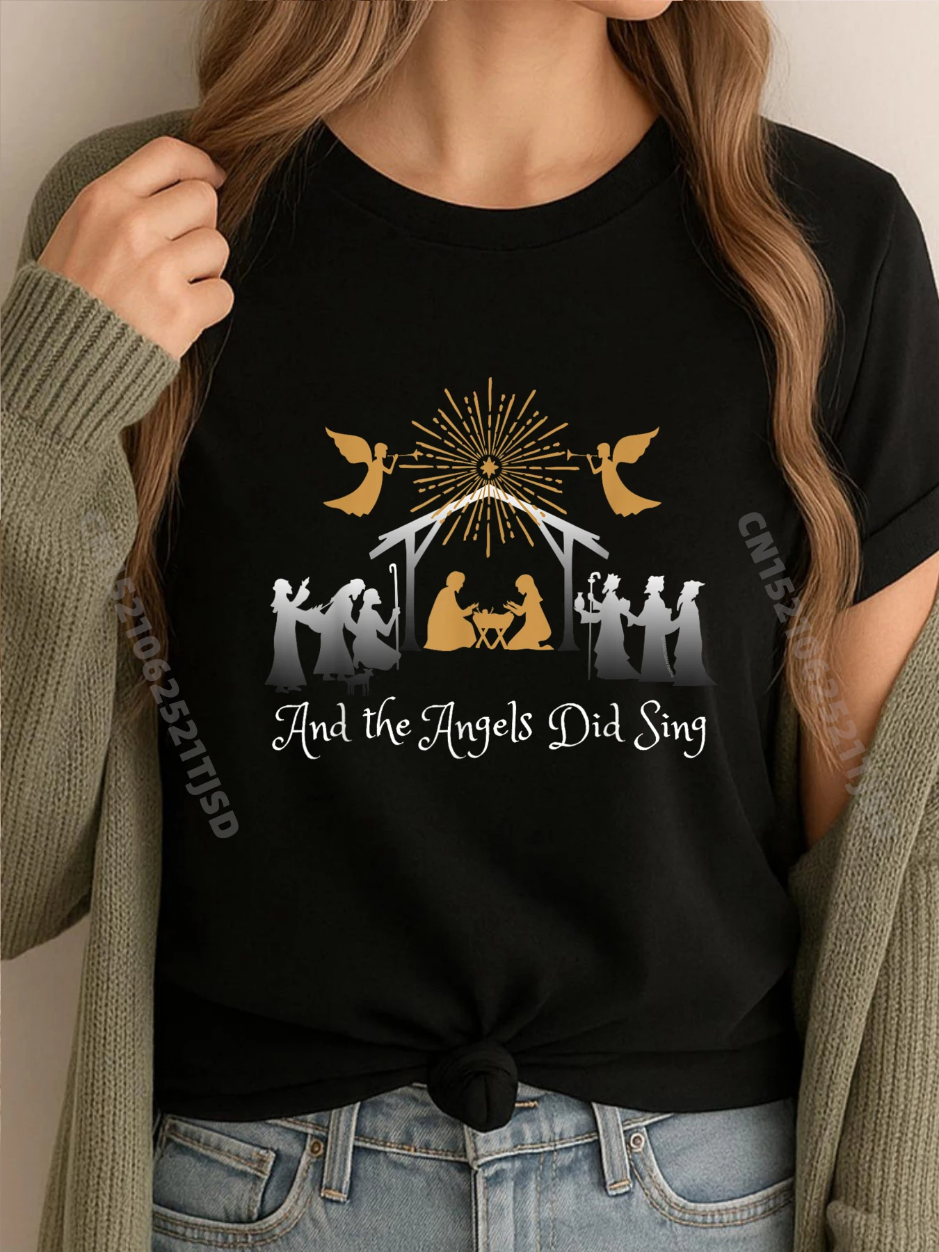 

Christian Nativity And The Angels Did Sing Christmas Graphic Tee Shirt Mens Harajuku Harajuku