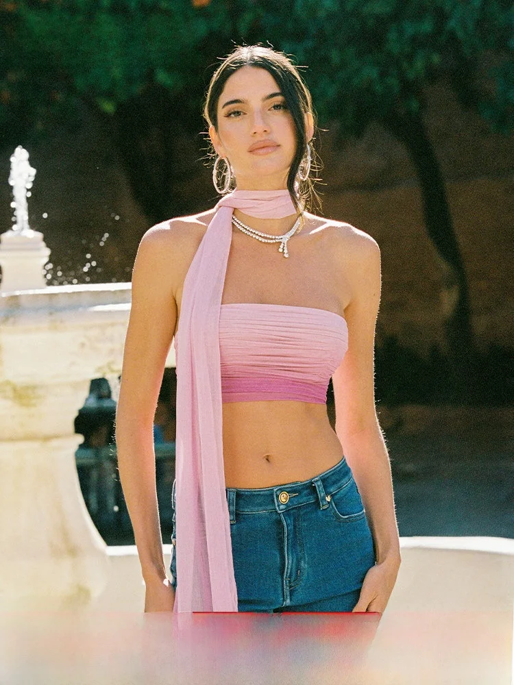 

Nana Jacqueline Pleated adient Small Top Women Sexy Spicy with Scarf Slim Fit Polyester Fiber ort Sle Summer New