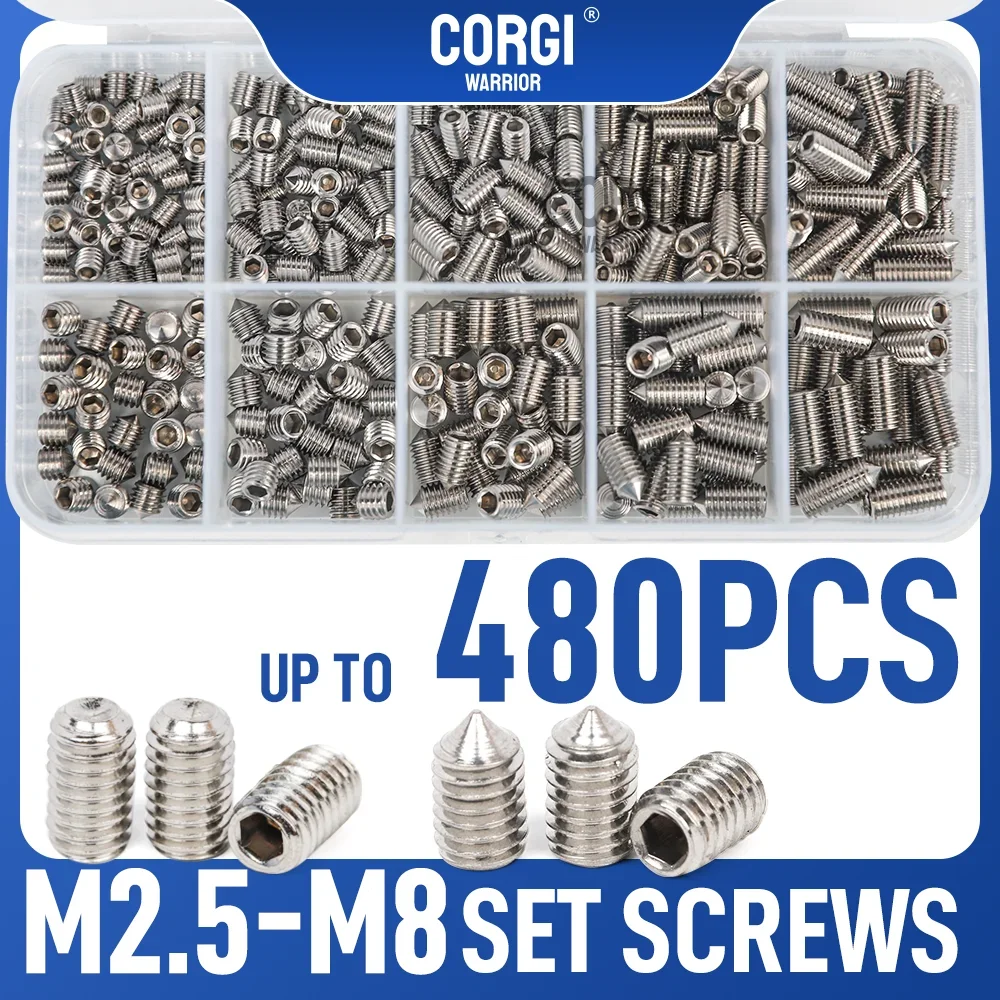 Set Screws Assortment Kit Up to 480 M2.5 M3 M4 M5 M6 M8 304 Stainless Steel Metric Cup Cone Point Hex Socket Head Grub Screws