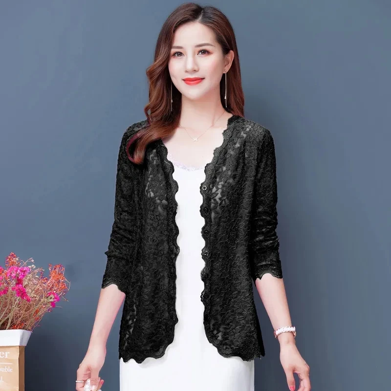 Women Lace Long Sleeves Short Female Sun Protection Jacket Summer Thin Air Conditioner Shirt Wild Fashion Ladies Shawl 6XL