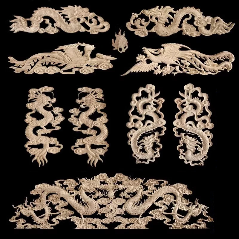 

Chinese Dragon and Phoenix Totems Wood Appliques Onlay Decorative Wooden Carved Unpainted Carving Decals for Home Decoration