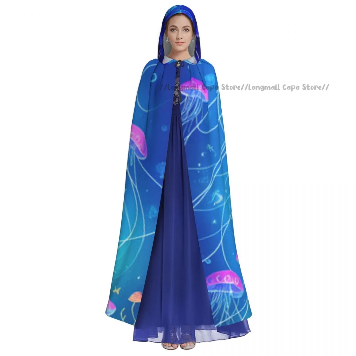 Adult Halloween Jellyfish In The Ocean Cloak Cape Hooded Medieval Costume Full Length Dress Coat