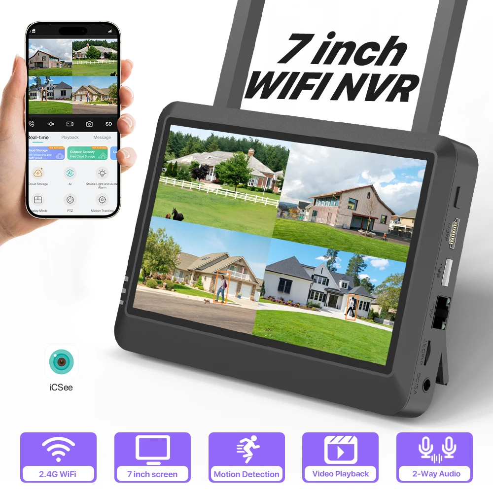 

7 inch NVR Screen 8CH NVR Wireless WIFI System DIY Outdoor H.265 Security Surveillance CCTV Audio Video Recorder iCSee
